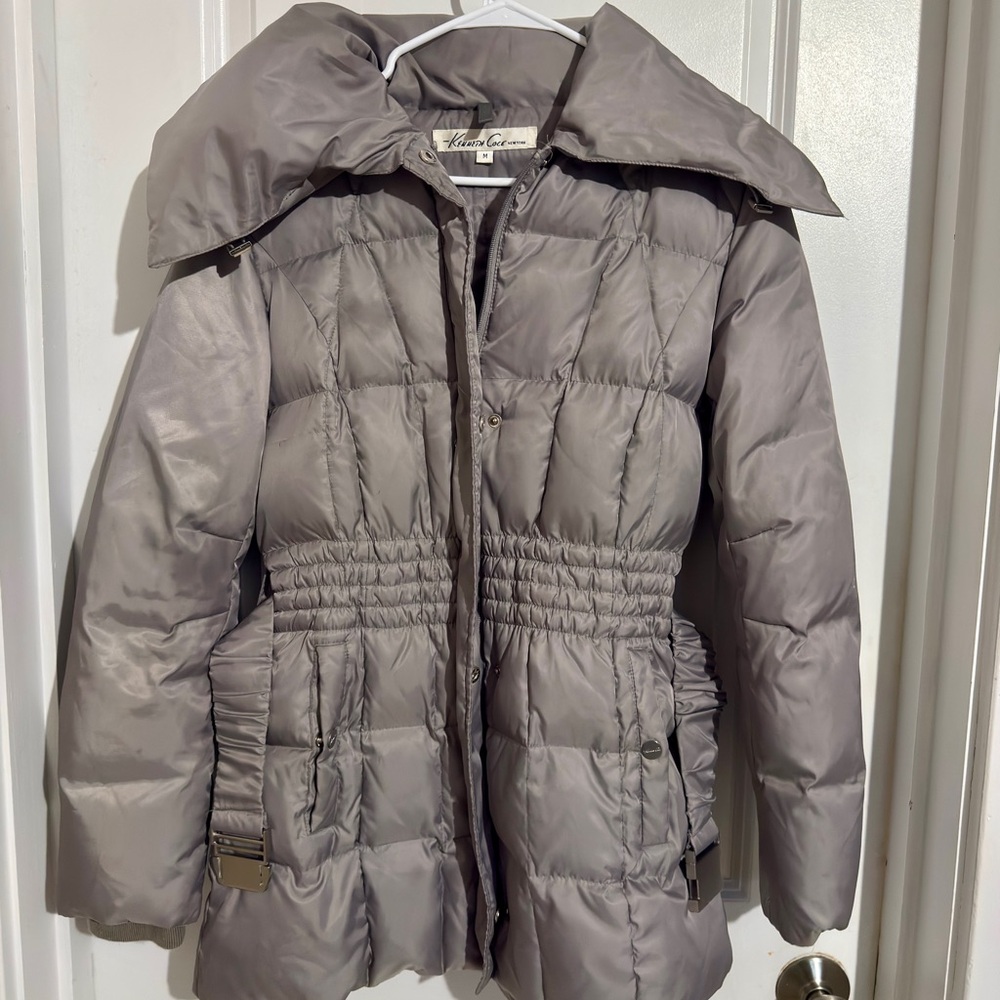 KENNETH COLE NEW YORK DOWN PUFFER COAT GRAY BELTED WINTER JACKET MEDIUM